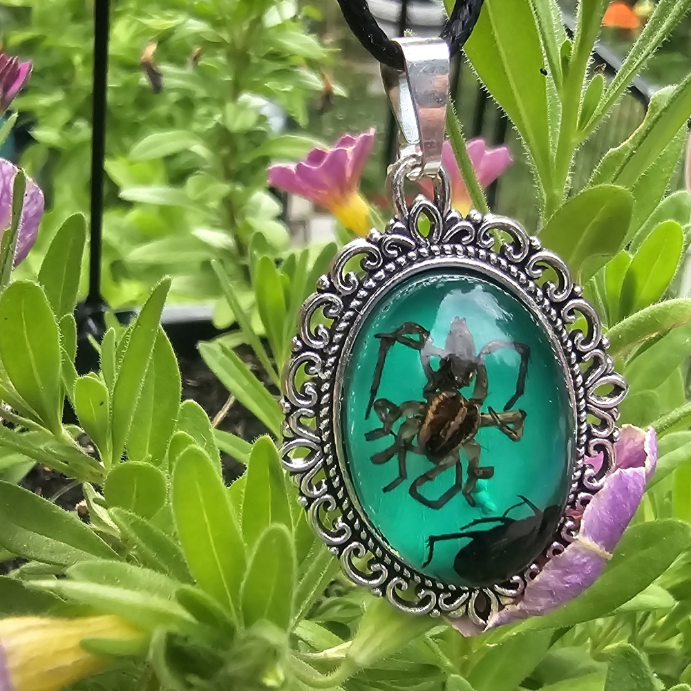 Necklace- real spider eating a beetle
